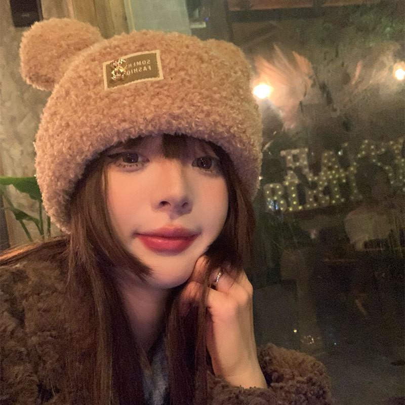 Fashionable Bear Womens Plush Hat Soft Knitted And Warm Winter Headwear