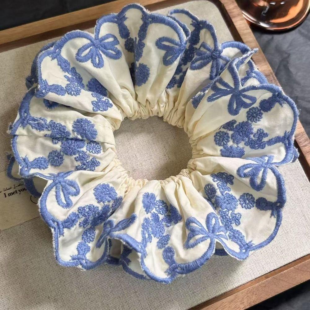 Bow Elastic Hair Bands Blue Embroidery Large Hair Scrunchies Sweet Exaggerated Hair Rope Ladies