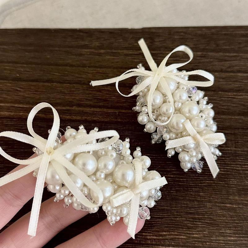 1/2pcs French Ballet Style Imitation Pearl Bow Ribbon Women Hairpin Sweet Simple Elegant Bangs Side Clip Headwear