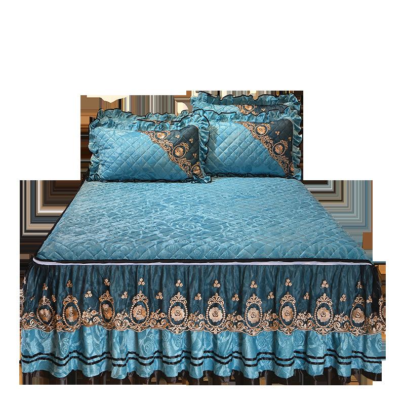 Winter Velvet Lace Bed Skirt One-Piece Thickened Non-Slip Coral Velvet Bedspread Detachable Lace Mattress Protective Cover