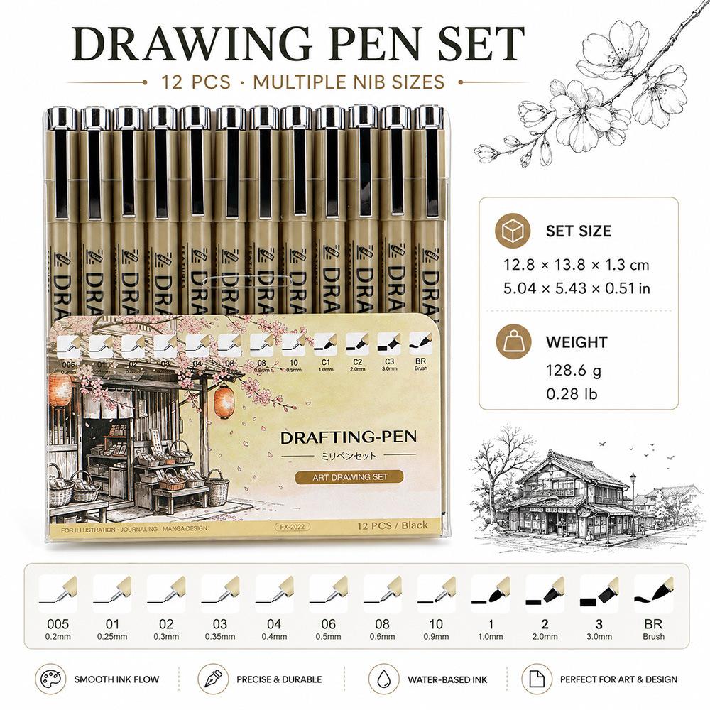 12 pieces Drawing Needle Pen Set, Student Engineering Design Hand Drawing Pen, Manga Drawing Hook Pen