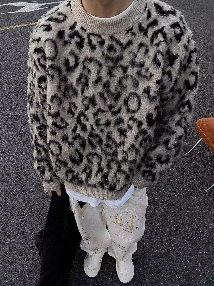 Men's Retro Leopard Print Sweater - High-End Color Block Knitwear