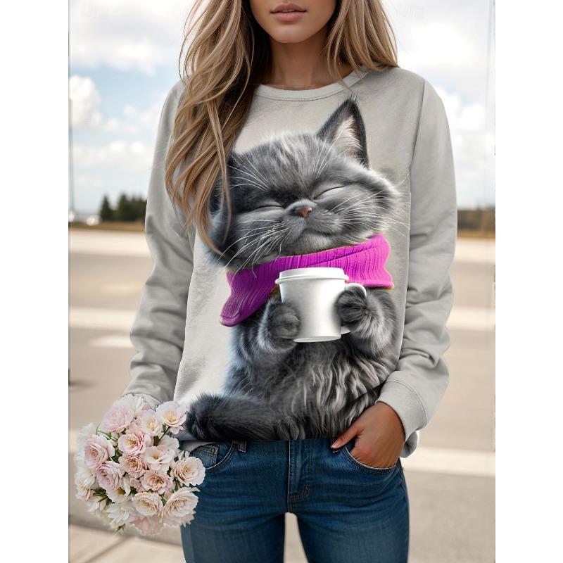 

Fashionable women s cute cat pattern 3D printed round neck long sleeved shirt 6XL