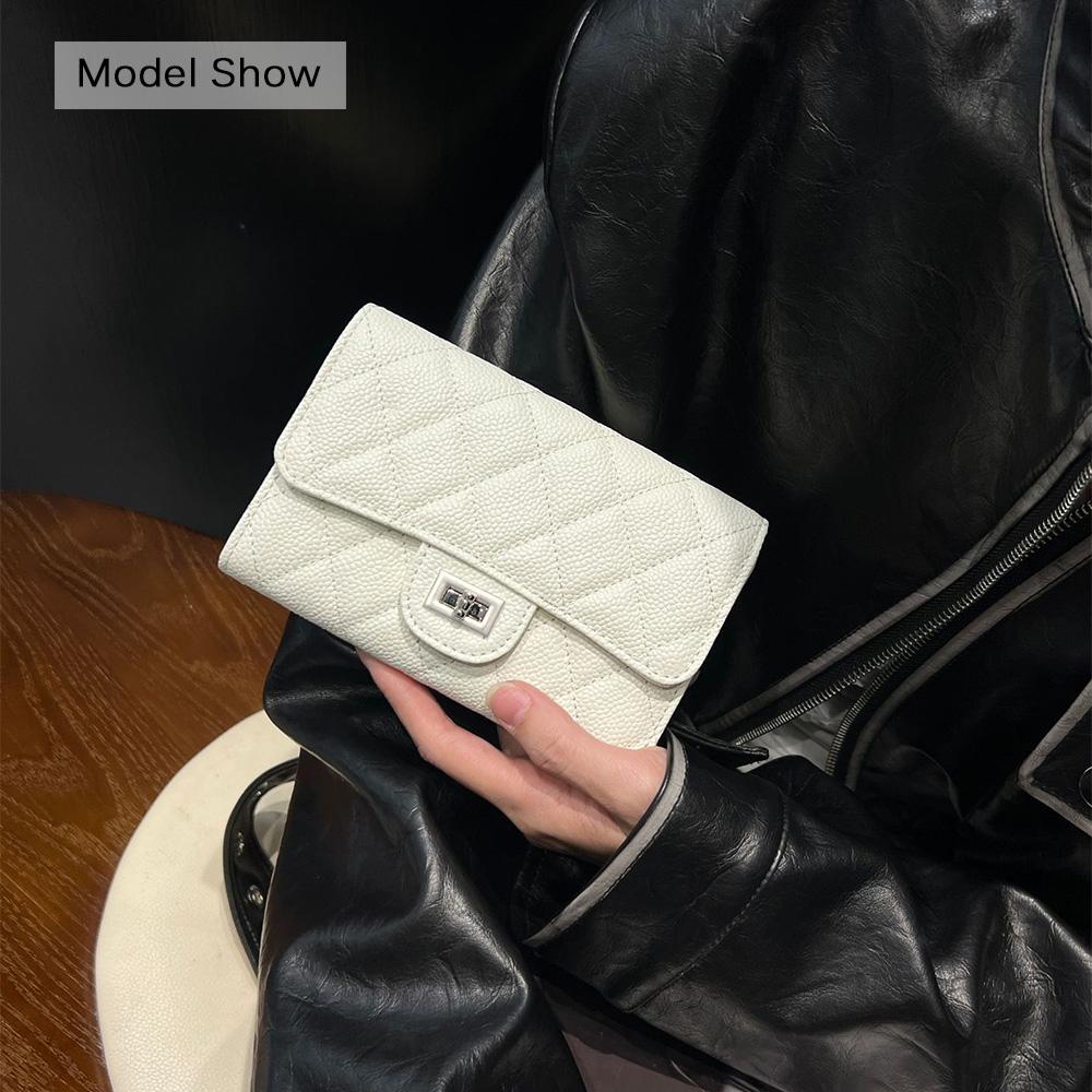 

Medium Long Women Wallets Genuine Leather Caviar Wallet Diamond Quilted First Layer of Cowhide Purse Turnlock Billfold Without Logo белый