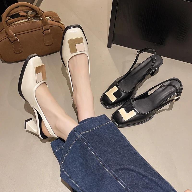 Women's Sandals Square Toe Metal Decoration Leaking Heel One Kick Women's High Heels Leisure Cover Toe French Sandalias De Mujer