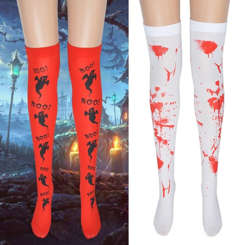 Gothic Style Long Socks Halloween Theme Stockings Spooky Pattern Print Over Knee Length Hosiery for Women Girls Cosplay