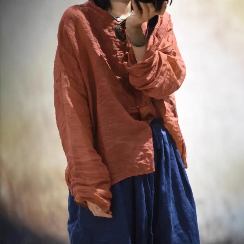 Johnature Women Vintage Shirts Tops Stand Long Sleeve Blouses Spring Solid Color Button Chinese Style Shirts