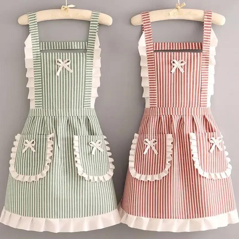 Korean Version Cotton and Linen Apron for Women Cute Kitchen Home Cooking Breathable Apron Fashionable Work Clothes Chef Apron