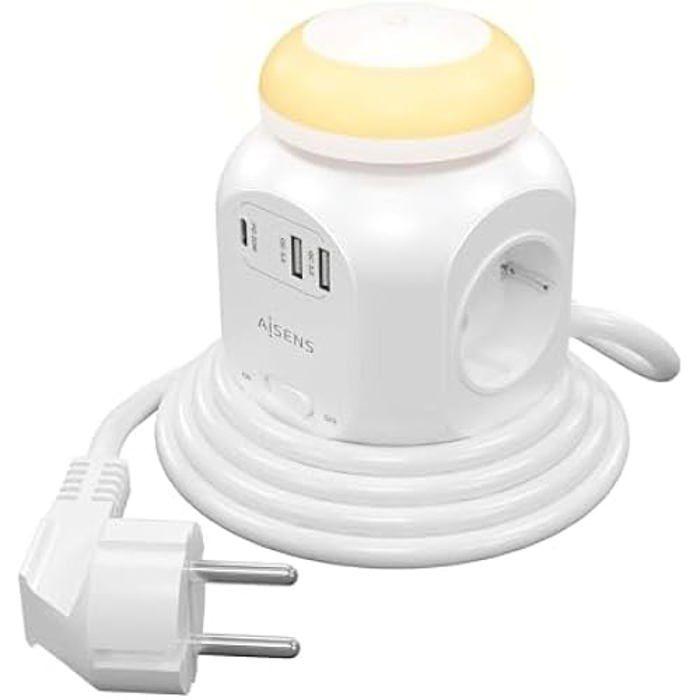 AISENS - ASPS-2A1CLPQ02-W - Multifunksjonell med 4 stikkontakter + 1Xusb-C 20 W Pd3.0, 2Xusb-A 18 W Qc3.0, Nattlys 1,8 m, Hvit