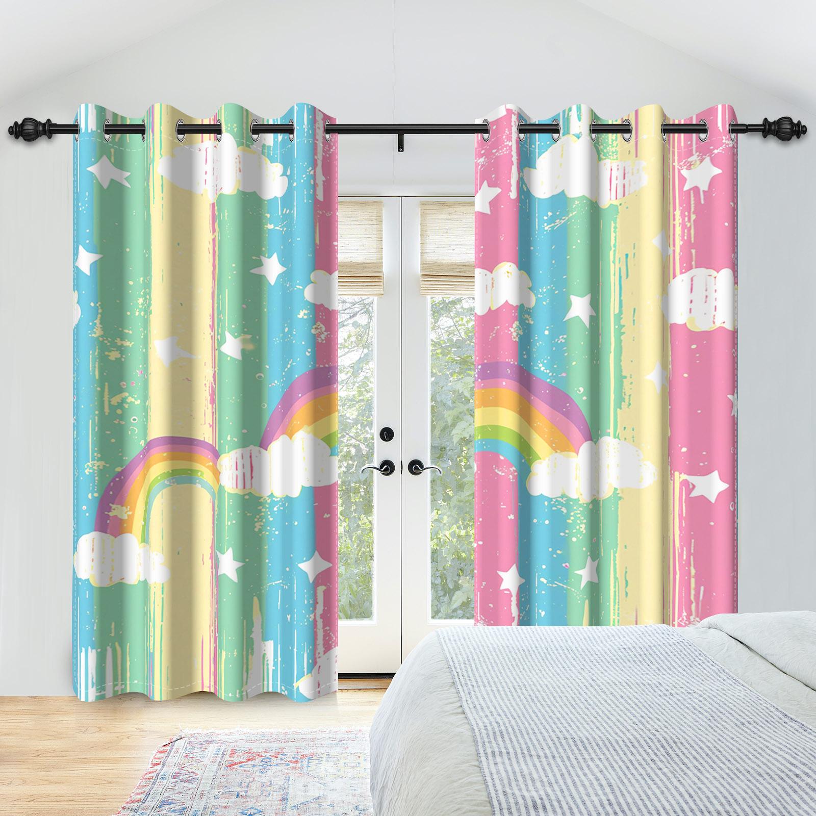 

2Pcs Colorful Kids Curtains With Castle Rainbow Flowers Leaves Stripes Blackout Drapes Thermal Insulated Curtain Bedroom Decor 53x115cm 2pcs