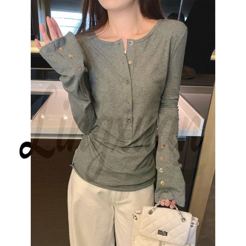

Autumn Korean Style Slimming Long-Sleeve Button-Up T-Shirt S