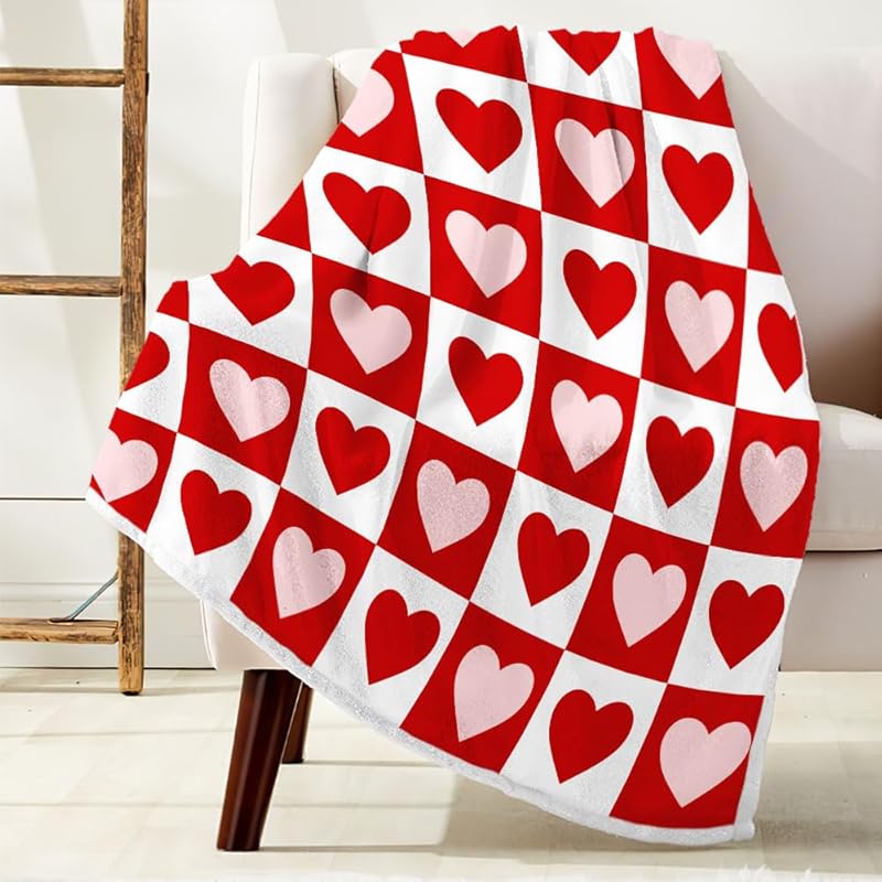 Valentine's Day Throw Blanket, Valentines Blanket Red Pink Heart Plaid Fuzzy Blanket Romantic Love Heart Decorative Soft Cozy Flannel Blanket for Mom