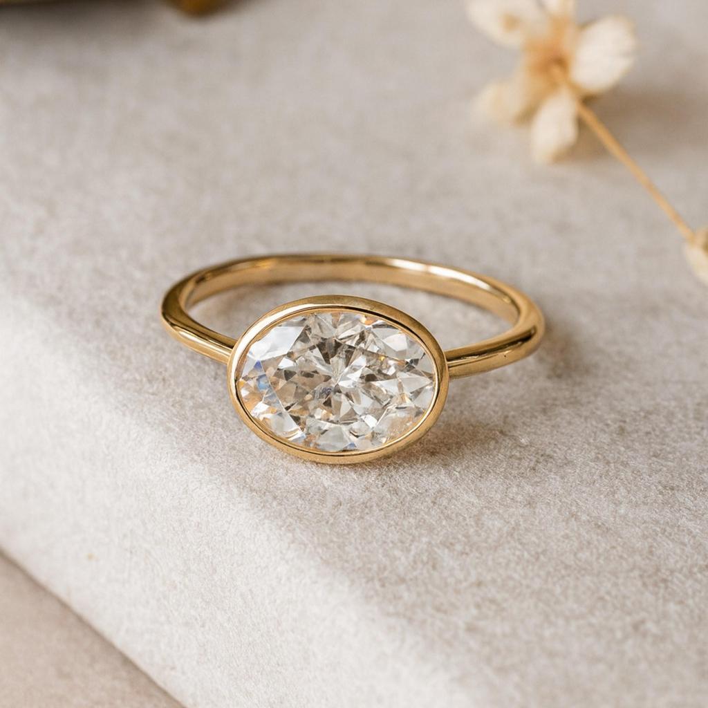 925 Sterling Silver Gold Plated East West Oval Cubic Zirconia Solitaire Ring – Minimalist Bezel Set Engagement, Promise & Fashion Jewelry for Women