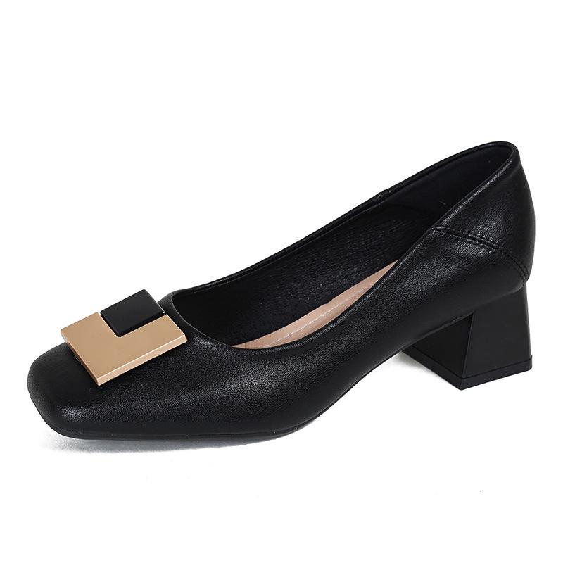 Lady single shoes women's shoes new popular retro commuter soft leather square head medium high heel grandma shoes