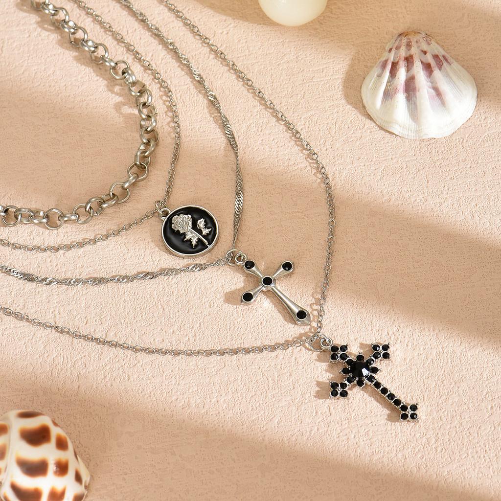 Cross Pendant Necklace For Women With Multi Layer Geometric Design And Zinc Alloy Material