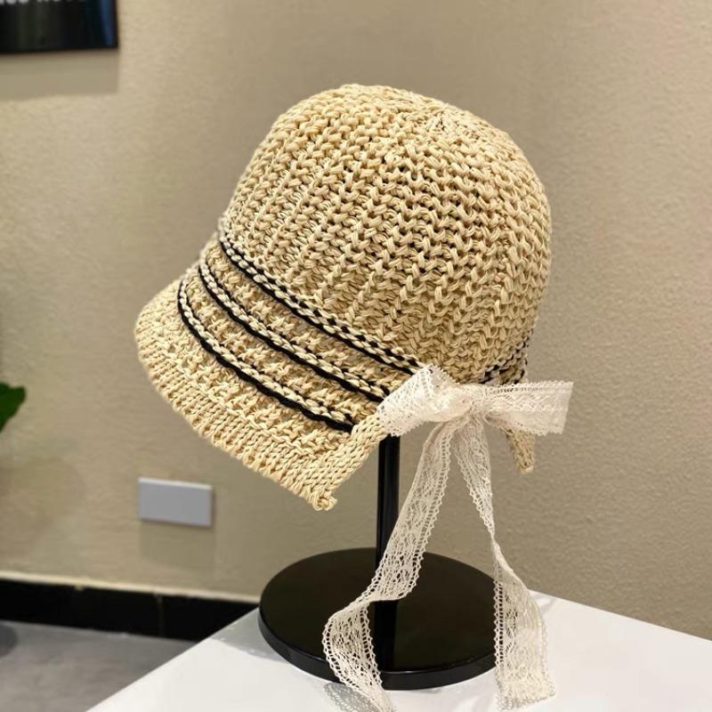 Straw Hat Seaside Hat Strapped Straw Hat Women's Travel Sunscreen Beach Sun Hat Lace Sun Hat