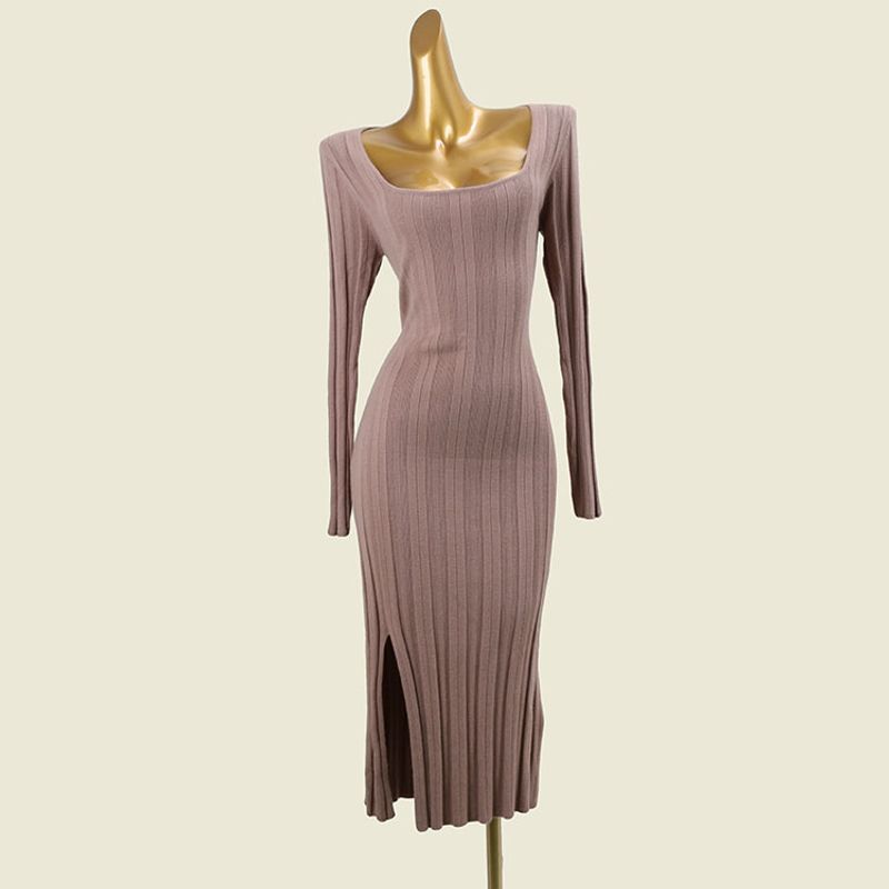 Foreign Trade Original Order Square Collar Slim Fit Long Sleeve Hip Skirt Rib Slimming High Split Sexy Knitted Dress