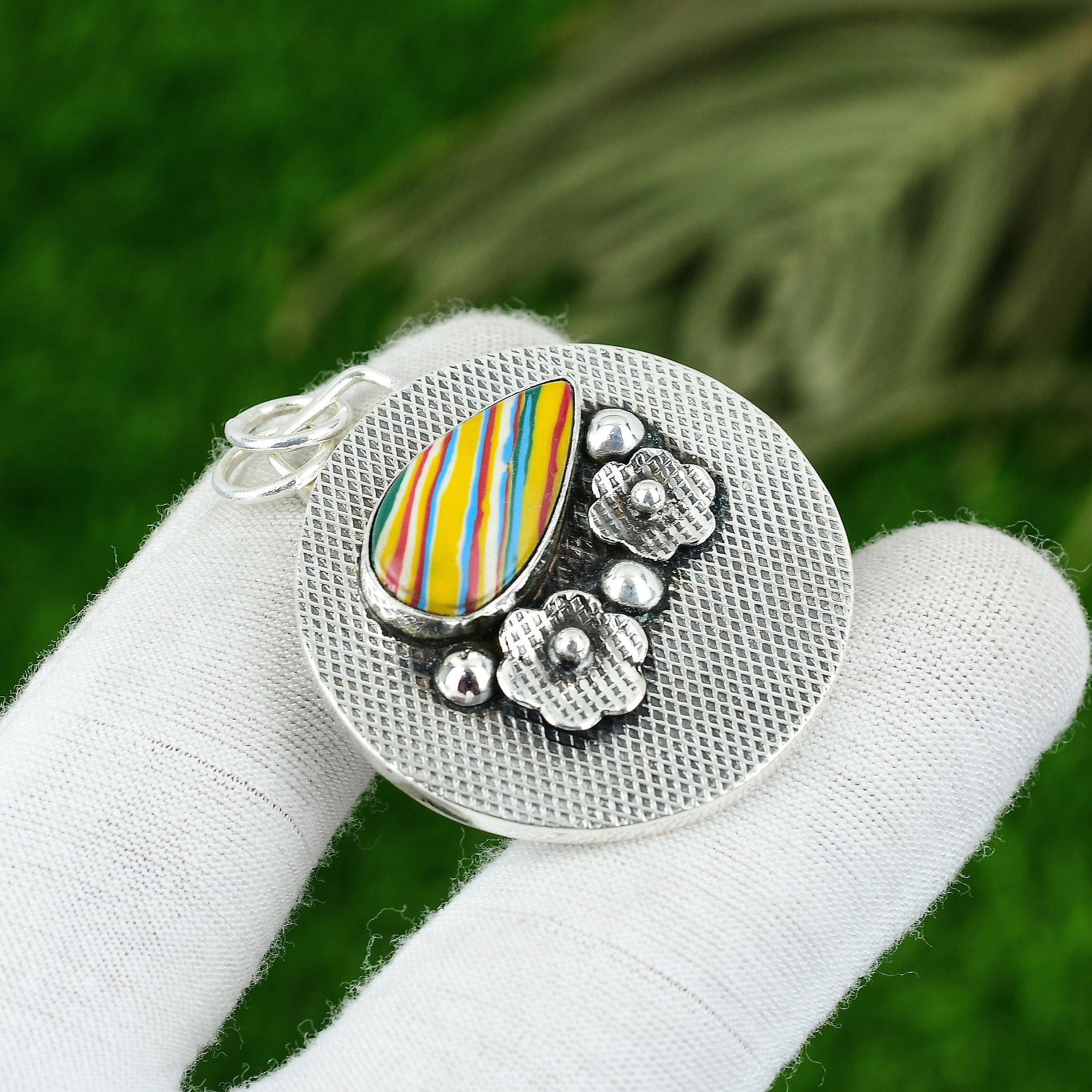 

Birthday Gift For Her Natural Rainbow Calsilica Gemstone Pendant 925 Silver