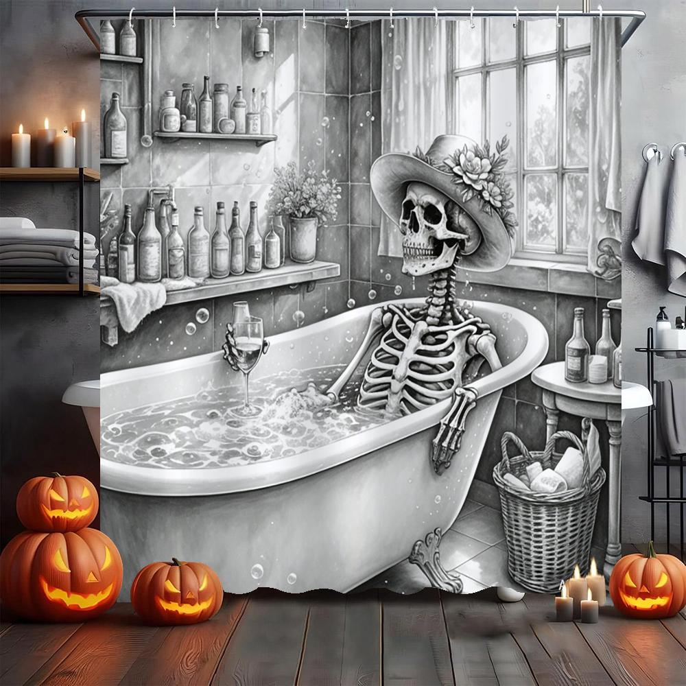 Amusing and Creative Skeleton Skull Shower Curtain Waterproof Bathroom Curtain Funny Scary Halloween Home Decorative Curtain