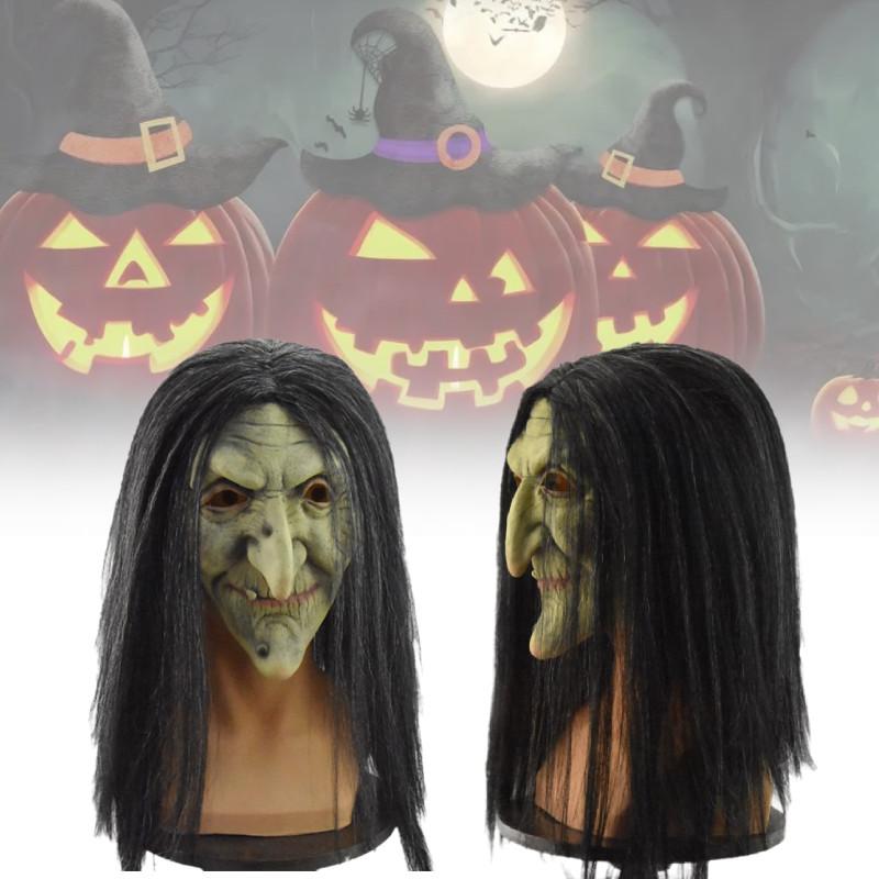 Classic Evil Witch Latex Mask For Halloween Party Costume With Scary Black Hair