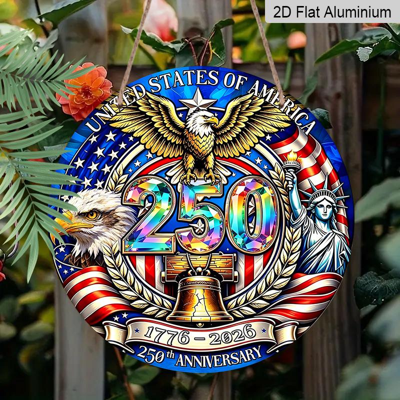 2D Flat Retro Round Aluminum Wall Hanging, 250th Independence Day Lettering Design, Indoor Outdoor Wall Decor, Commemorative Home Gift