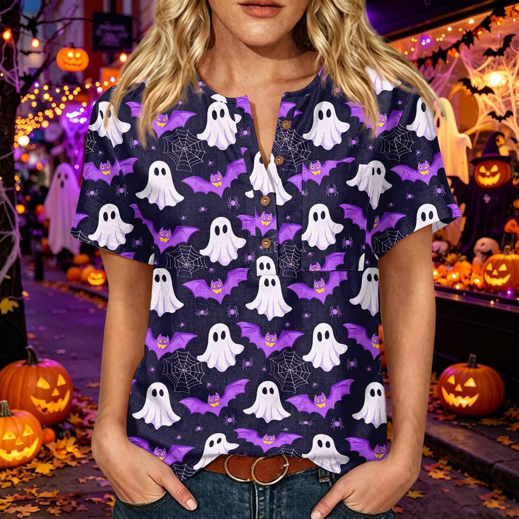 Womens Halloween Print V Neck Button Detail Short Sleeve Top Casual Loose Fit Three Quarter Sleeve T Shirt