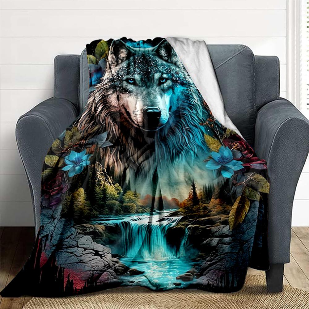 1pc Wolf Fantasy Flannel Blanket, Comfortable and Warm Blanket, for Camping Sofa Bed and Couch Office013