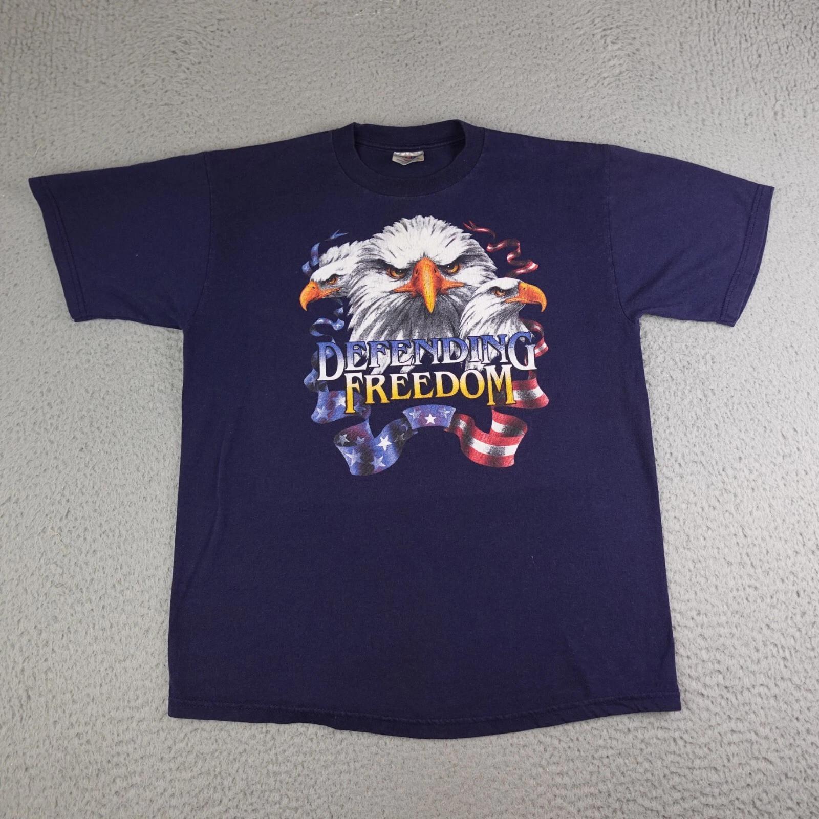 Vintage Bald Eagle Shirt Mens Large Blue Short Sleeve Defending Freedom USA Flag S