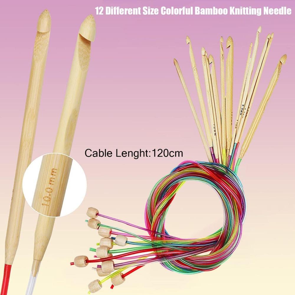 23 Pieces Tunisian Crochet Hooks Set Plastic Cable Afghan Crochet Hook Cable With Bead Carbonized Bamboo Needle Hook