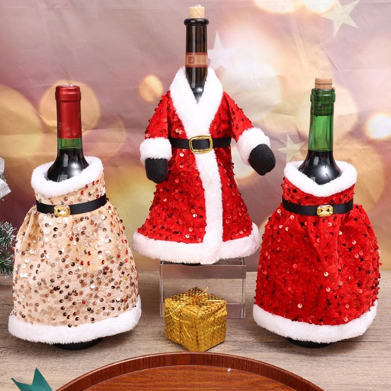 Christmas Wine Bottle Cover Plush Sequins Dress Wine Bottle Bag Clothes Bottles Bags Dinner Table Decor New Year Party Supplies