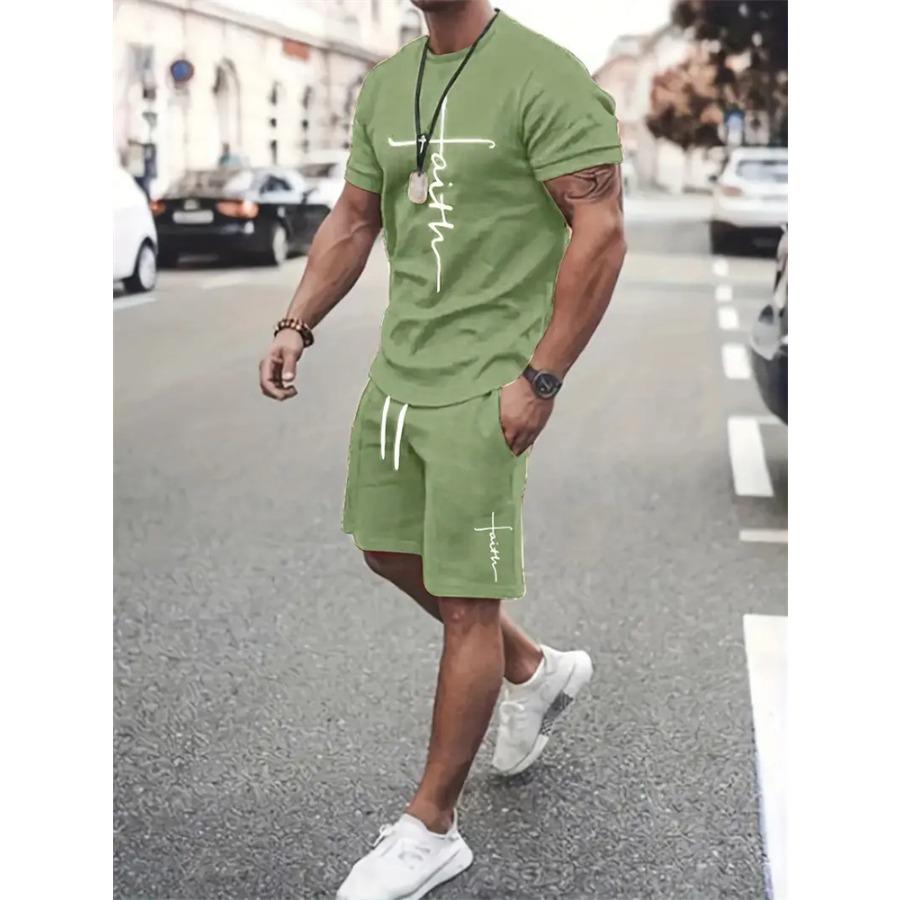 Mens T Shirt Shorts Set Fashion Mens Cross Printed Short Sleeve Two Pieces Oversized Outdoor Beach Sports Men's Plus Size Suit