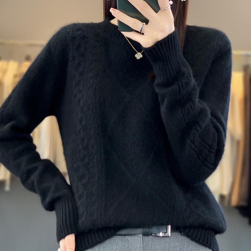 Women's Autumn/Winter Round Neck Twisted Pattern Wool Sweater - Solid Color Knitted Base Layer, Loose Fit
