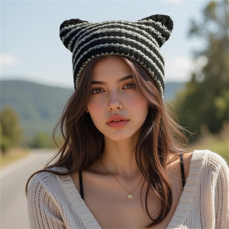 Liten Djevel Strikket Lue Dame Høst Vinter Lue Søte Ører Strikket Lue for Ulike Aldre