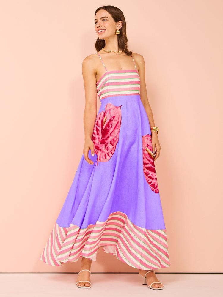 Evropské a americké dámské elegantní letní šaty s vysokým pasem a rostlinným potiskem (2025)