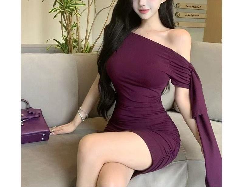 2026 Stylish Slimming One-Shoulder Ribbon Bodycon Mini Dress S фиолетовый