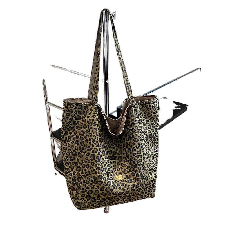 Leopard Print Double-Sided Canvas Tote - Large Capacity College Style Shoulder Bag