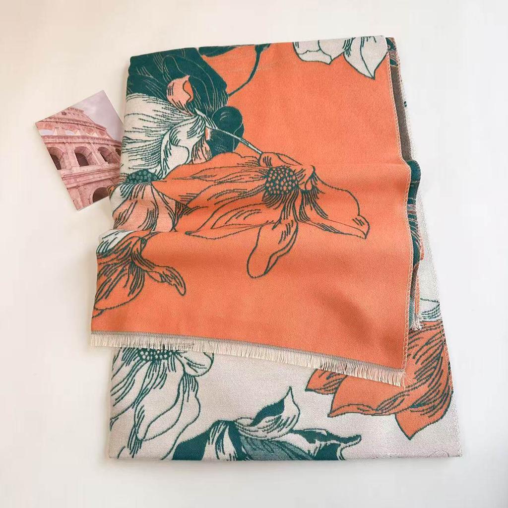 Retro Contrasting Color Flower Pattern Scarf Autumn and Winter Thickened Imitation Cashmere Air-conditioned Room Warm Dual-purpose Shawl Jacquard