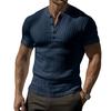 Summer Men's Navy Blue Ribbed Henley T-Shirt Slim Fit Muscle Short Sleeve Tee