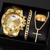 Men's Large Dial Blu-ray Glass Watch, High-end Men's Business Watch + Jewelry 4-piece Set