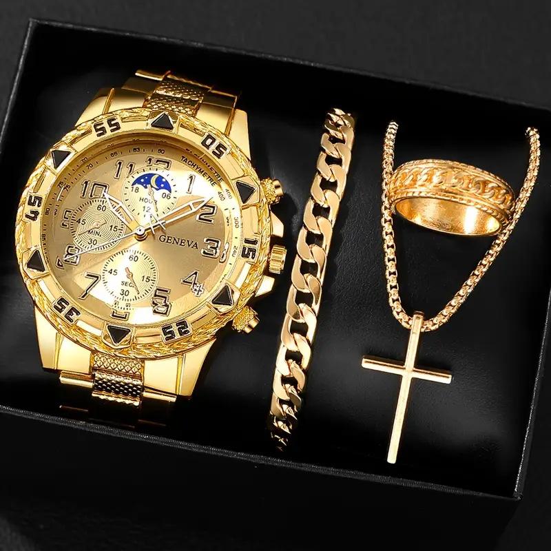 Men's Large Dial Blu-ray Glass Watch, High-end Men's Business Watch + Jewelry 4-piece Set