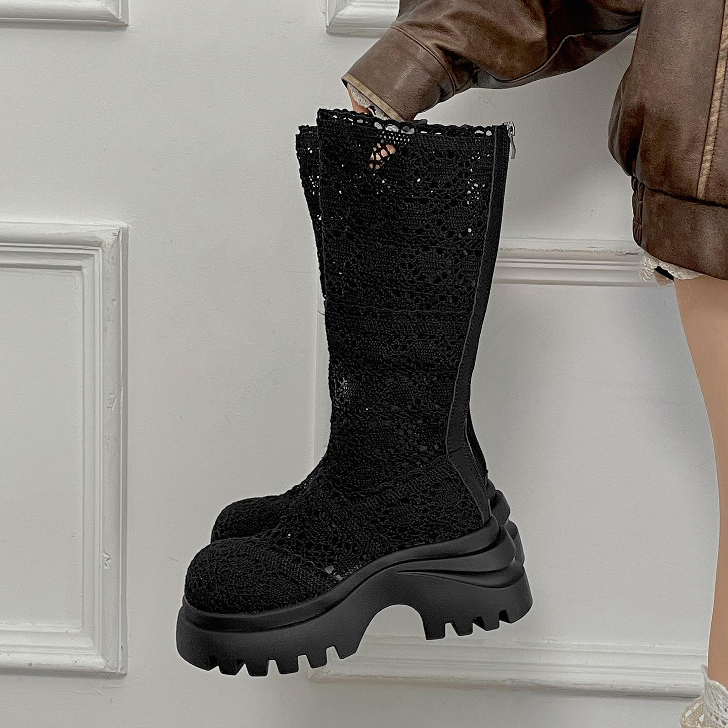 

White retro small thick-soled heightening knight boots women s 2025 new autumn versatile soft-soled hollow boots 35 чёрный