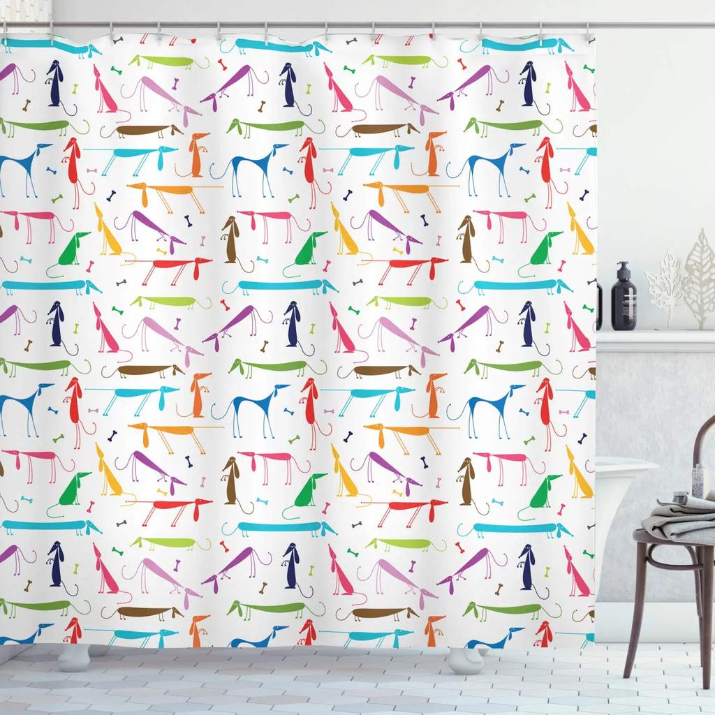 Dachshund Cartoon Dog Shower Curtain Polyester Waterproof Curtain Geometric Striped Kids Bath Curtain Home Decor with 12 Hooks