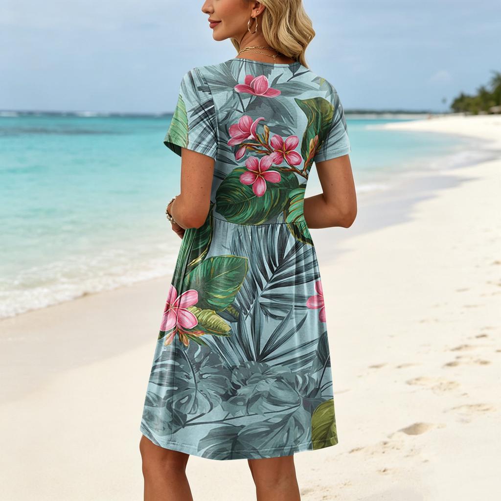 Women's Short Sleeve Floral Print Casual Dress with Round Neck Waist Tie and Pockets Relaxed Fit Summer Dress