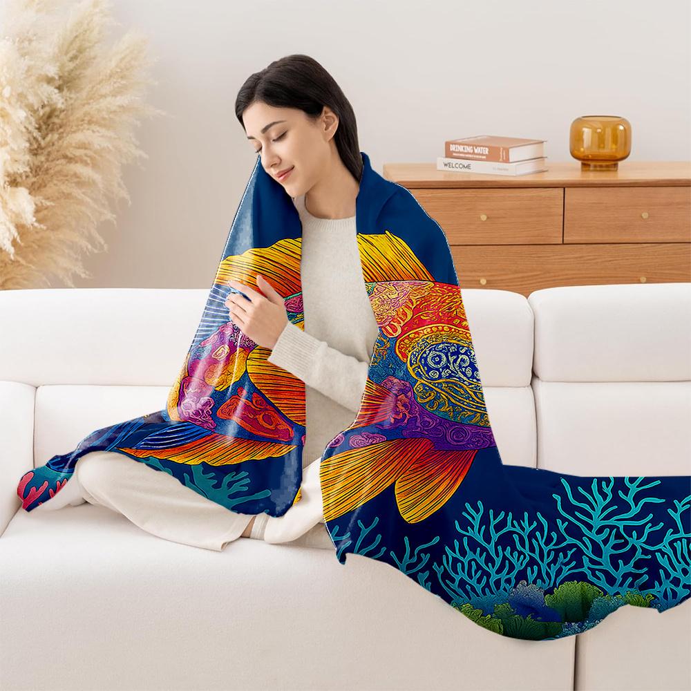 1pc Tropical Fish Coral Reef Print Flannel Blanket - High Weight Soft Warm All-Season Throw with Vibrant Underwater Design, Mach