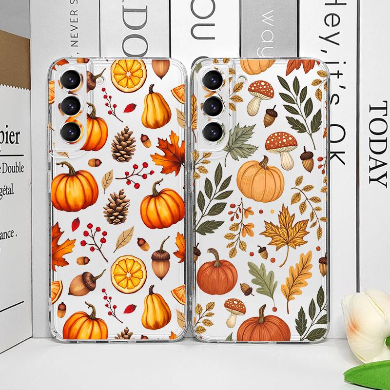 Autumn Maple Leaf Pumpkin Print Clear Phone Case for Samsung Galaxy A55 A54 A53 A14 A16 A36 A35 A13 A15 A25 5G Soft Cover Fundas
