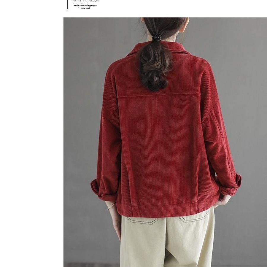 Samt Kord Kürzere Jacke Damen Frühling Herbst Einfarbige Stehkragen Locker Kleine Größe Lässiges Oberteil Retro