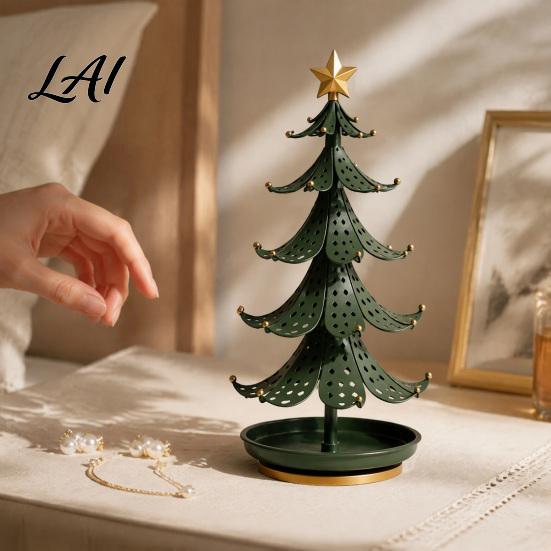 Holiday Tabletop Decor Christmas Tree Jewelry Stand 360 Degree Rotating Base Metal Earring Display Stand Rack Dark Green Tray for Necklaces