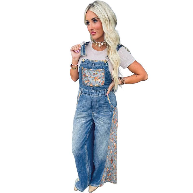 

Women s Floral High-Waisted Denim Overalls - European American Fashion Trend Jumpsuit Large