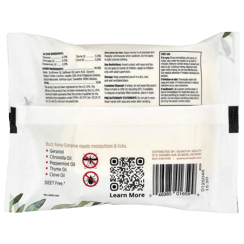 Quantum Health Boz Aaway Extreme®, Mosquito & Tick Repellent, 20 Wipes, 2.58 Oz (73.2 G)