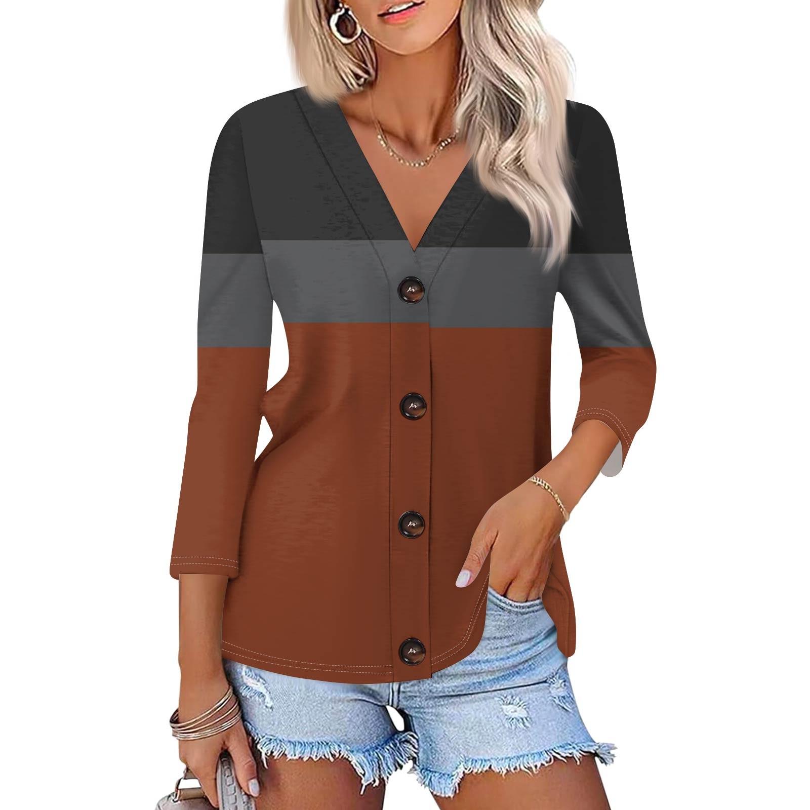 

Women s Fashion Casual Striped Geometric Print Button-Down Shirt Three-quarter Sleeve Cardigan Top M